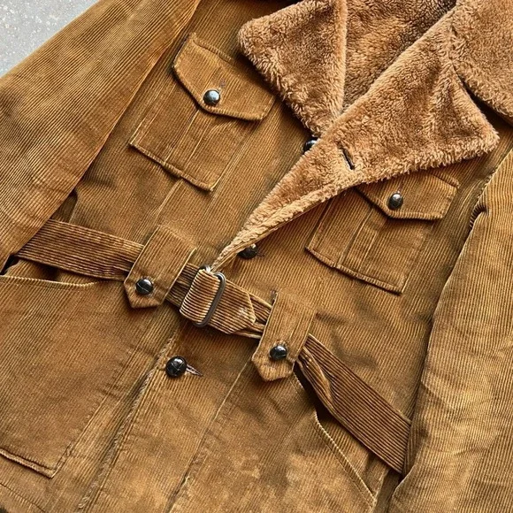Vintage 70s Tan Corduroy Sherpa Lined Belted Winter Jacket Parka Coat Size 36